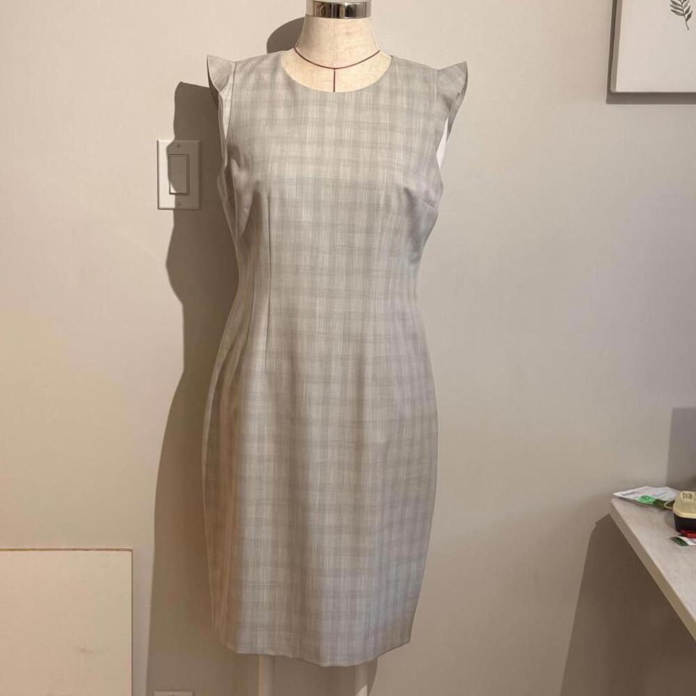Elie Tahari Stefana Dress Gray Gingham Print Ruffled Sleeves Satin Lined Size 10